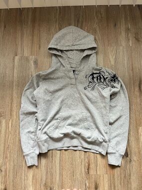 Womens Y2K grey Fox Racing pullover hoodie featuring a button neck Size M